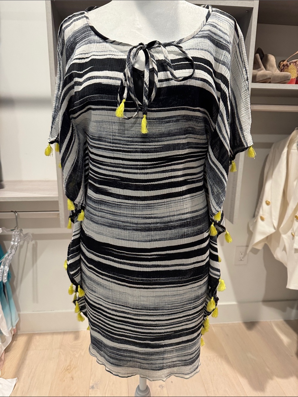 Trina Turk Black & White Shift Dress with Yellow Tassels